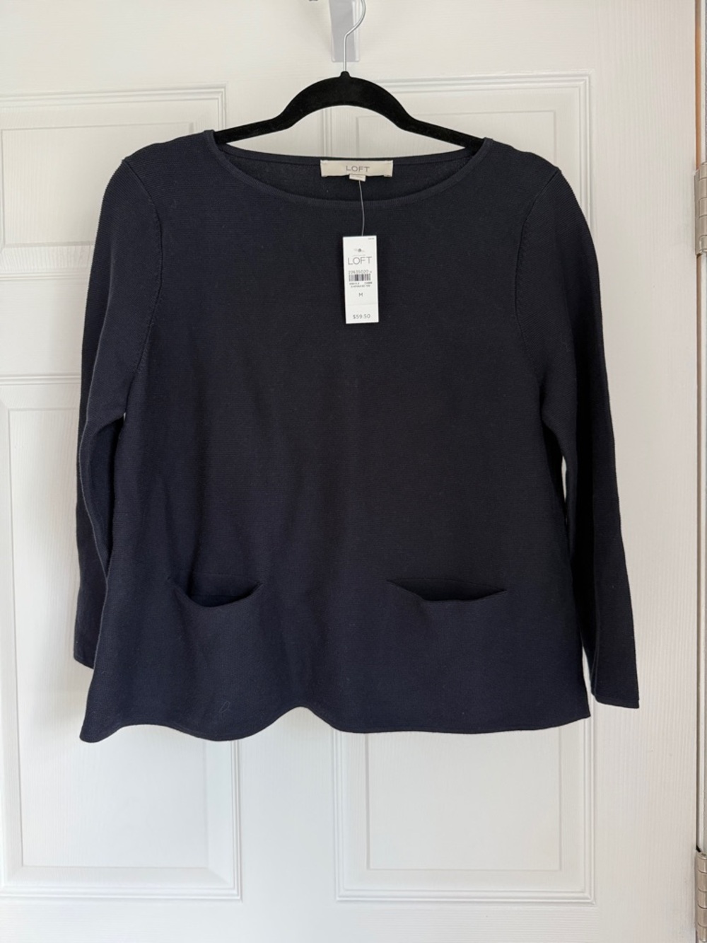 LOFT Navy Long-Sleeve Knit Top with Front Pocket Slits